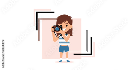 Adorable Girl Capturing Moment with Camera, Vector Illustration, Isolated on White Background