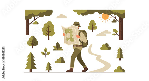 Adventurer Navigating With Map Through Forest, Exploring Nature And Finding New Paths
