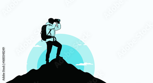 Adventurer Observing Landscape with Binoculars atop Mountain, Looking into the Horizon