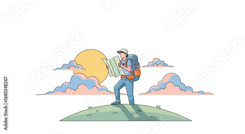 Adventurer Observing Map During His Expedition Exploring A New Horizon In The Wilderness