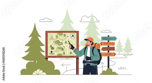 Adventurer Observing Map Signs Near Trees And Signposts, Choosing Trail Direction Carefully