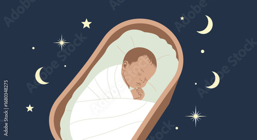 Adorable illustration of a sleeping baby in a crib under a starry night sky