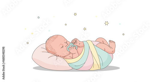 Adorable Illustration of a Sleeping Baby Swaddled on a Pillow with Stars Overhead
