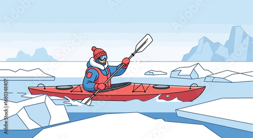 Adventurer Paddles Kayak through Icy Waters Near Icebergs and Snowy Arctic Landscapes