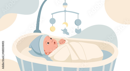 Adorable Infant Contemplating While Resting Comfortably In A Pastel-Colored Crib