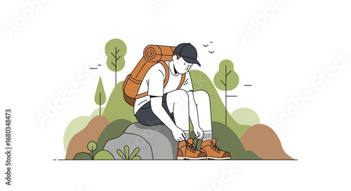 Adventurer Pauses To Adjust Hiking Boots Before Continuing Outdoor Journey