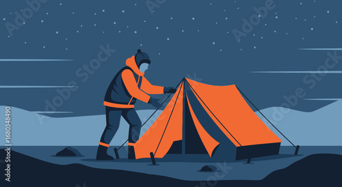 Adventurer Pitches Tent Under Starlit Sky Preparing For Overnight Camping Activity