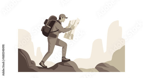 Adventurer Planning His Route During Mountain Hike with Map, Explore Landscape, Reach Destination