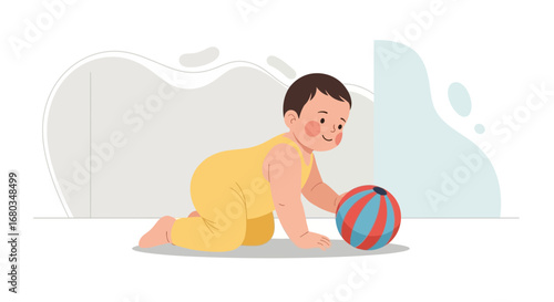 Adorable Infant Crawling Towards Toy Ball In A Playful Position and Environment Setting