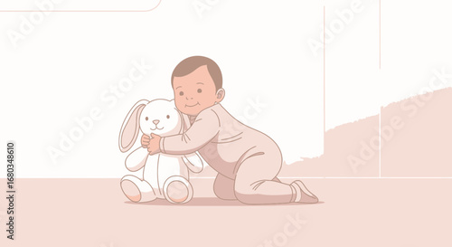 Adorable Infant Embraces Plush Toy, Depicting Childhood Moments And Pure Innocence
