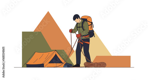 Adventurer Prepares Equipment Near Tent Site Against Mountainous Backdrop