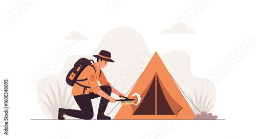 Adventurer Preparing Camp, Cleaning Tent, and Embracing the Outdoors With A Backpack