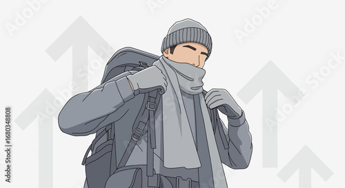 Adventurer Preparing For Journey In Cold Weather With Grey Outfit And Backpack