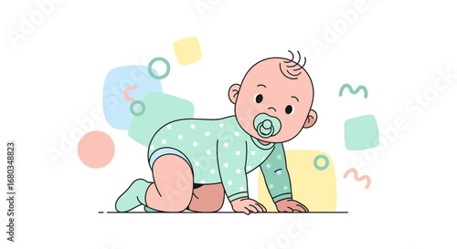 Adorable infant exploring on hands and knees, wearing a pacifier and bodysuit
