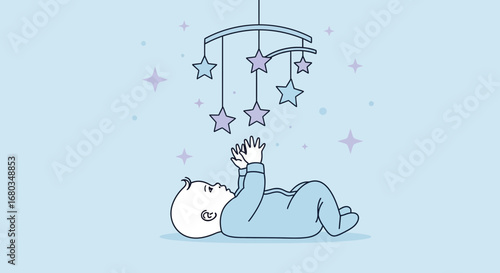Adorable Infant Gazing Up At Hanging Star Mobile With Joyful Anticipation in Pastel Tones