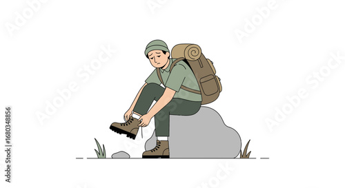 Adventurer Preparing For Hike, Tying Boots, Resting on a Rock Before Trekking through Nature