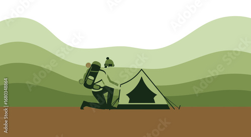 Adventurer Preparing Tent Amidst Lush Green Hills, Vector Illustration of Camping