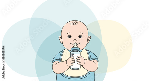 Adorable Infant Happily Sucking Milk From A Bottle, Simple, Cute, Vector Illustration