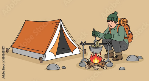 Adventurer Preparing Pasta Over Campfire near Tent in Serene Wilderness