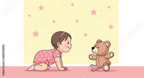 Adorable Infant Giggles, Playful Moment With Teddy Bear, Charming And Delightful