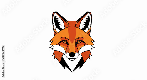 Close-up of a stylized fox head, orange and black colors, geometric shapes, detailed design.