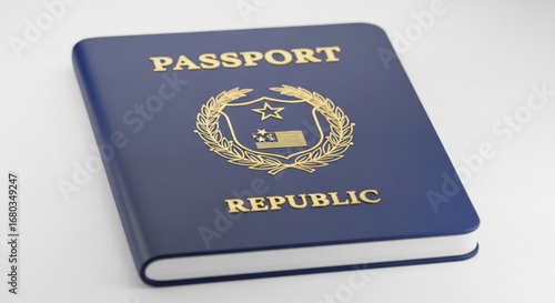 Stock photo of travel passport document identification with republic seal and blue cover for international use