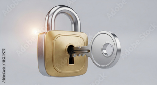 Unlocking security concept with key and padlock for data protection and access control technology lock system