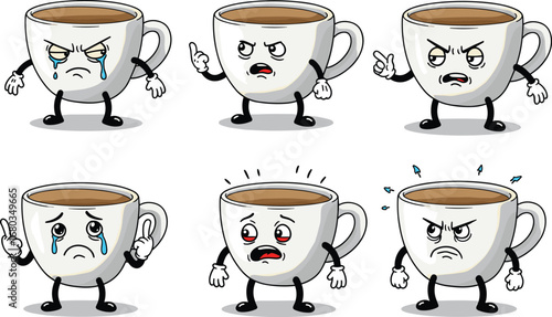 Funny angry and sad coffee cups cartoon characters, expressive coffee mugs with emotions, hot beverage vector clipart, animated drink faces.