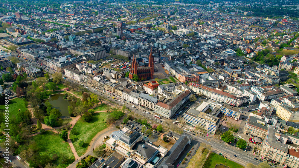Obraz premium Aerial view around the old town of the city Wiesbaden, Germany ona sunny spring morning