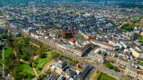 Aerial view around the old town of the city Wiesbaden, Germany ona sunny spring morning