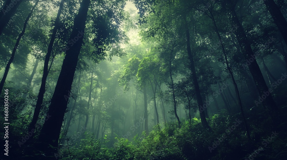 Obraz premium Lush, dense forest with sunlight filtering through the tall trees creating a misty, tranquil scene