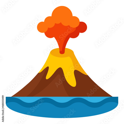 Volcano erupting with lava flowing into a crater lake vector on white background.