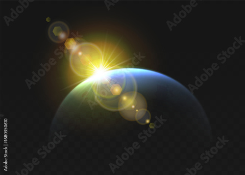 3d realistic vector illustration. Sun eclipse or sunrise. Sun flare element glows behind a planet  in the dark.