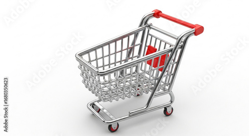 Shopping cart grocery store supermarket retail trolley metal chrome red handle wheels purchase buy consumerism