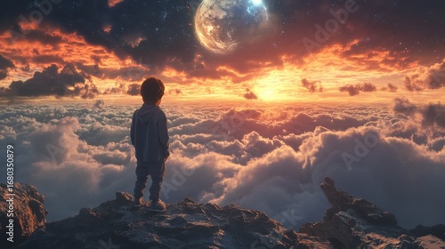 Wallpaper Mural Child standing on a mountain peak, gazing at a surreal sunset above clouds and a celestial body Torontodigital.ca