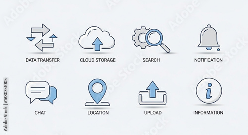 Collection of data transfer cloud storage search notification chat location upload information icons set vector