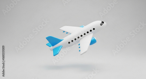 White and blue airplane flying travel transportation tourism aviation flight journey holiday vacation trip concept