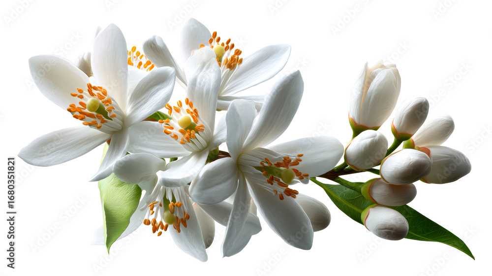 Obraz premium White Orange Blossoms with Buds and Green Leaves on Transparent Background, cut out transparent