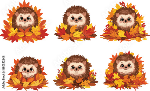 Adorable cartoon hedgehogs in autumn leaves, fall season animals, cute forest characters, seasonal nature illustration, woodland creature vector art.
