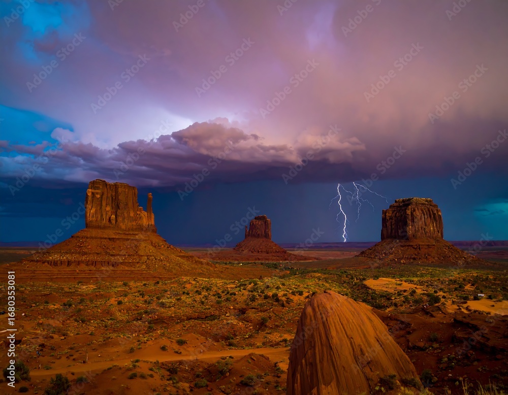 Naklejka premium Dramatic sunset over desert buttes with storm clouds and lightning