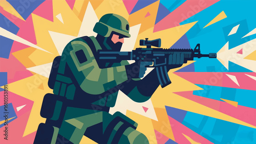 Illustration of Dynamic Soldier Shooting Design Template with Battlefield Background