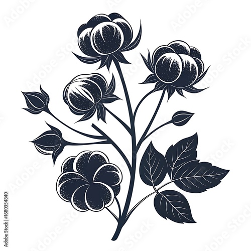 Stylized dark silhouette of a cotton plant branch with fluffy bolls and leaves