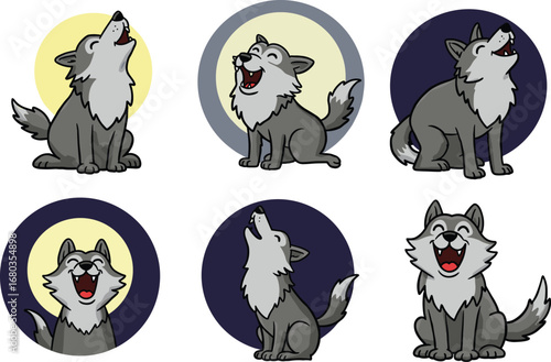 Cartoon gray wolf howling at moon, cute night animal character set, happy and howling wolves illustration for kids and design.