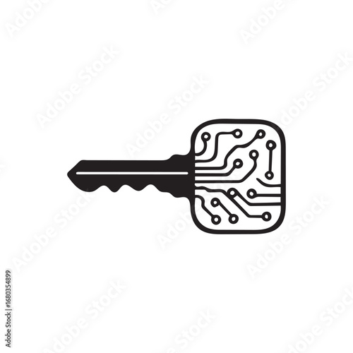 Digital Security Concept Illustration of a Key with Circuit Board Design Depicting Cyber Protection This symbolic representation merges the traditional concept of a key with modern technology hinting