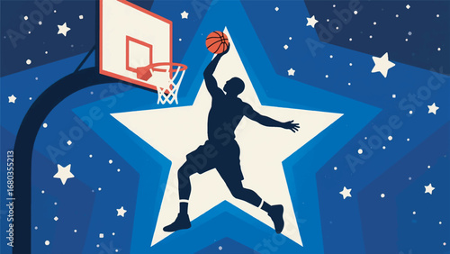 Illustration of Basketball Player Slam Dunk Silhouette Design Template with Abstract Background