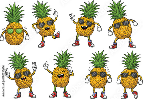 Cool cartoon pineapple character in sunglasses dancing and posing – fun summer tropical fruit mascot vector set for kids design.