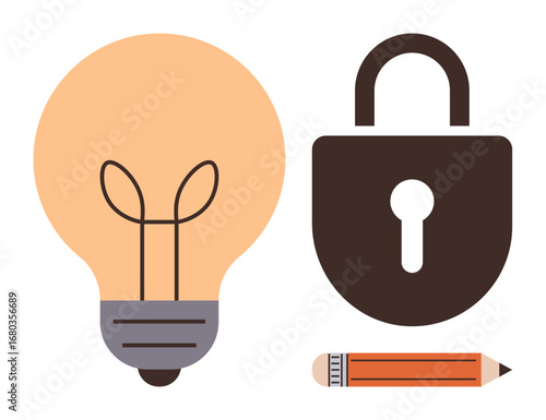 Light bulb representing ideas, lock symbolizing security, and pencil indicating creativity. Ideal for innovation, intellectual property, data protection, education, problem-solving, technology