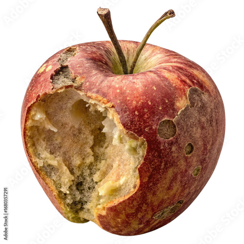 Decaying red apple with a large bite mark exposes rotting insides, a poignant reminder of decay and mortality, perfect for still life studies