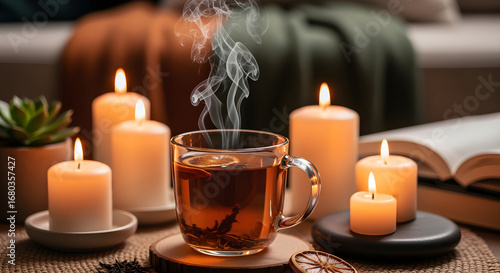 Cozy scene of tea with candles, perfect for relaxation, meditation, or a warm atmosphere