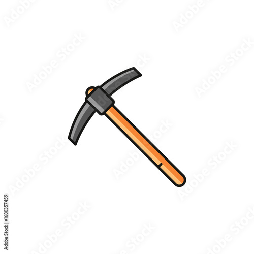 A simple, colorful cartoon illustration of a pickaxe, featuring a wooden handle and a grey metal head, ideal for mining, construction, or gardening tasks.
